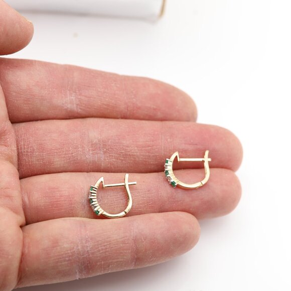 14k small Emerald Huggie Earrings Very cute Emeralds and Diamonds Earring - Picture 4 of 7